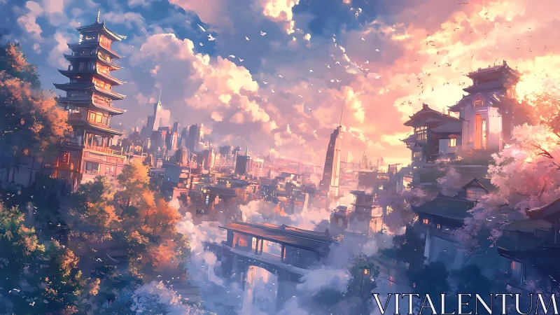 Sunlit hybrid city merges neo-futurist skyline and layered pagodas