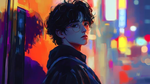 Neon-lit youth portrait under vibrant city glow at night.
