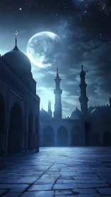 Moonlit mosque courtyard under serene celestial sky.