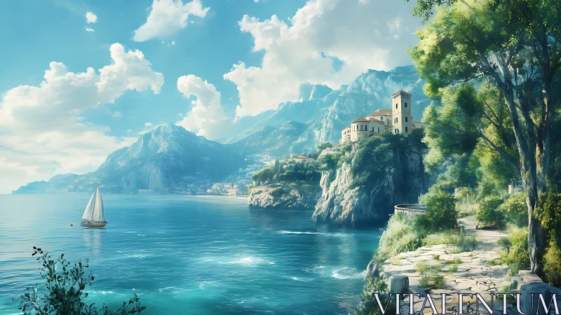 Cliffside Castle Overlooking Mediterranean Waters.