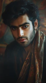 Cinematic portrait of young man in ornate patterned shawl.