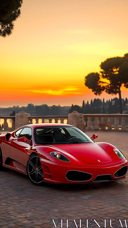 Photorealistic red supercar at sunset on cobbled terrace.