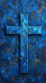Luminous blue cross resting on a textured night sky wall.