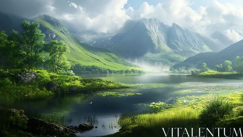 Sunlit alpine lake mirrors emerald mountains and clouds.