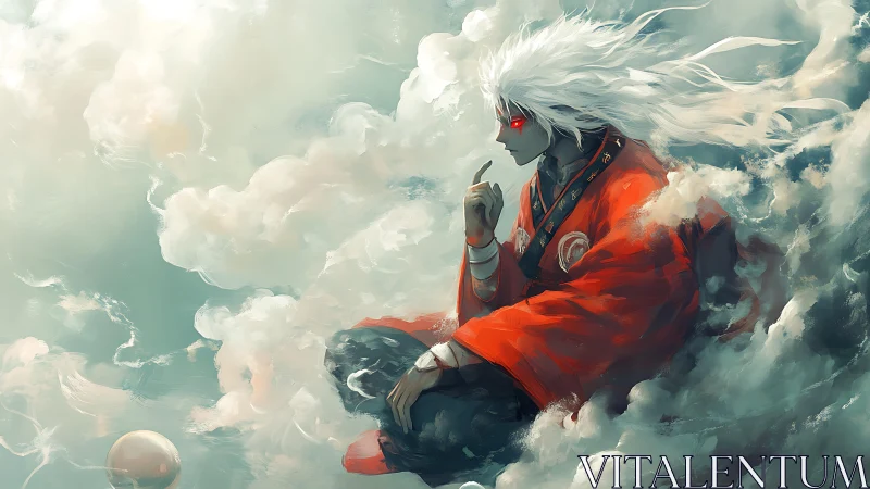 Crimson sky wanderer brooding in storm-softened clouds.