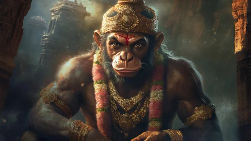 Crowned simian warrior studies mortals from a misty temple hall