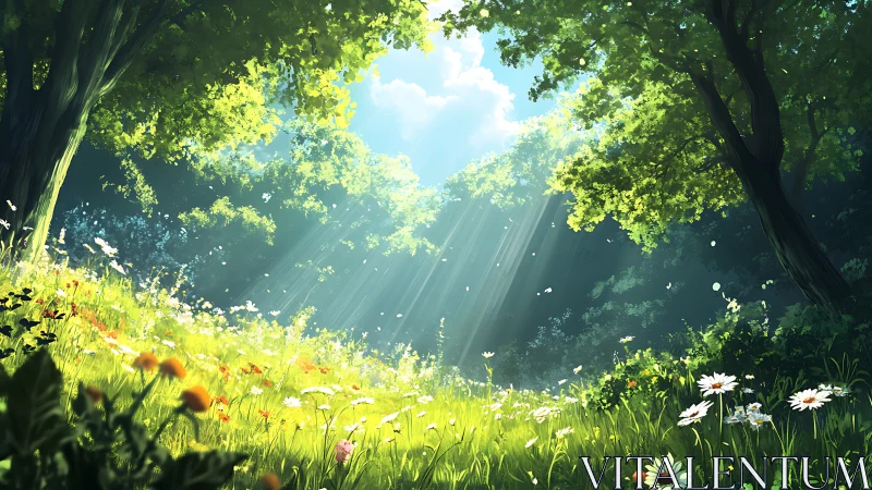 Sunlit forest meadow glows with soft morning tranquility