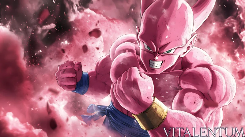 Muscular pink humanoid warrior in explosive crimson energy field