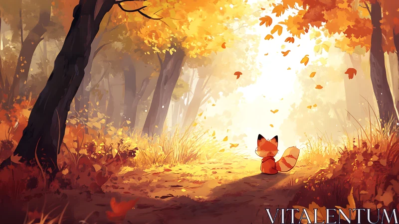 Little fox gazes into glowing autumn forest lightscape.