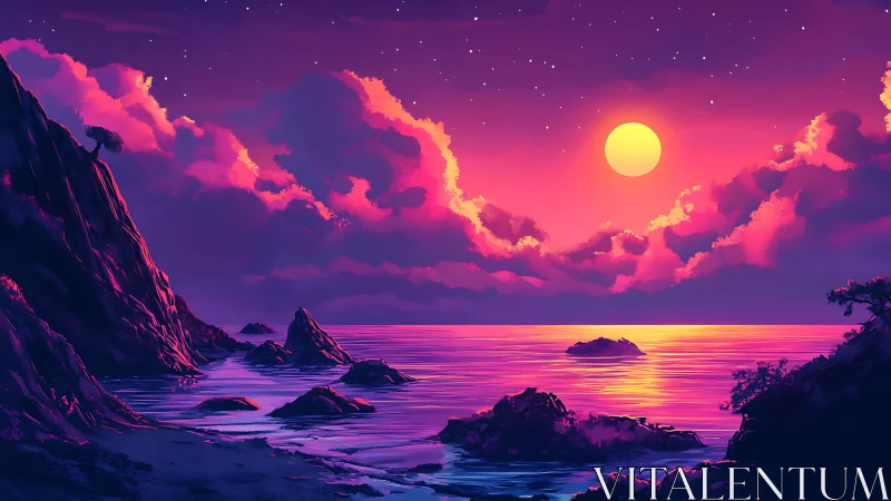 Neon twilight coast glows under a radiant full moon.