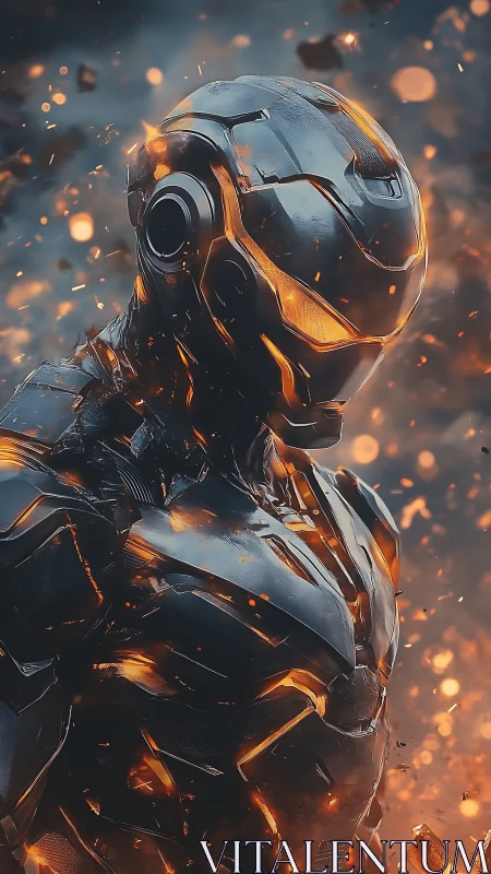 Molten-core exosuit warrior amid drifting ember storm.