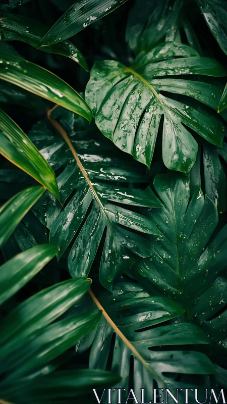 Overlapping tropical leaves form a dense, wet canopy