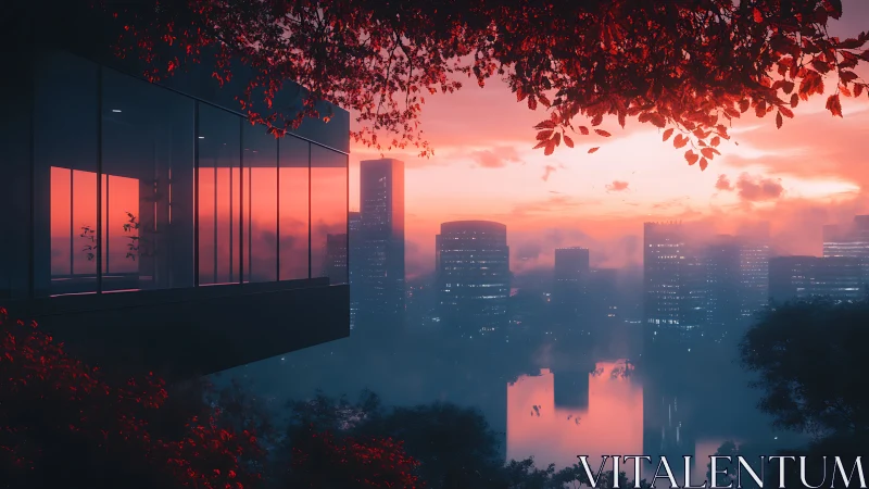 Glass house above misted city skyline at red sunset.