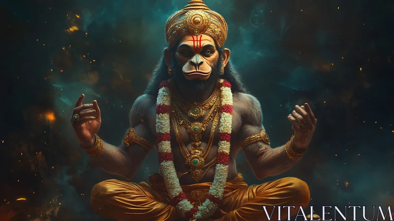 Monkey-headed deity sits cross-legged in ornate golden robes