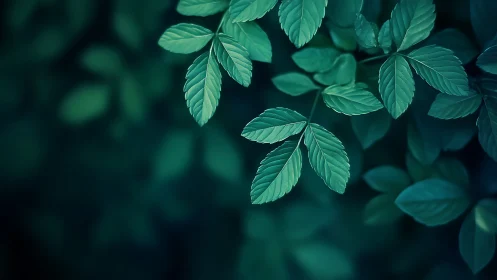 Teal forest leaves glow over deep shadowed background.