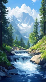 Peaceful mountain stream winding through bright evergreen forest.