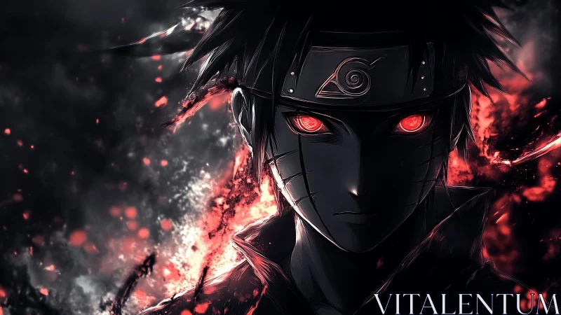 Dark stylized shinobi portrait with red glowing eyes.