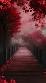 Crimson misty boardwalk into a dreamy autumn forest path.