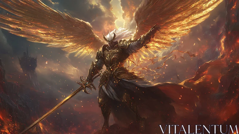 Armored winged figure with sword in molten landscape.