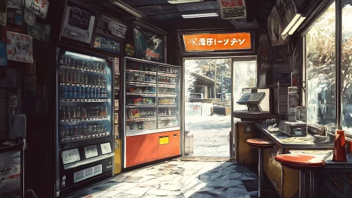 Interior of small Japanese kiosk with vending machines.