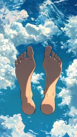 Bare feet drift above cotton clouds and painted summer sky