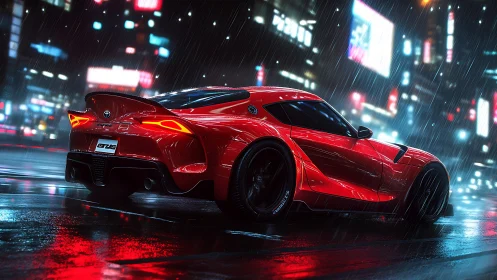Red sports car slices through neon soaked city rain at night