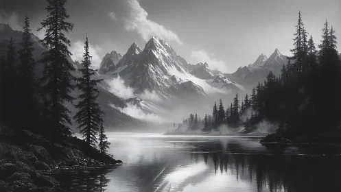 Monochrome alpine lake beneath towering misted peaks.