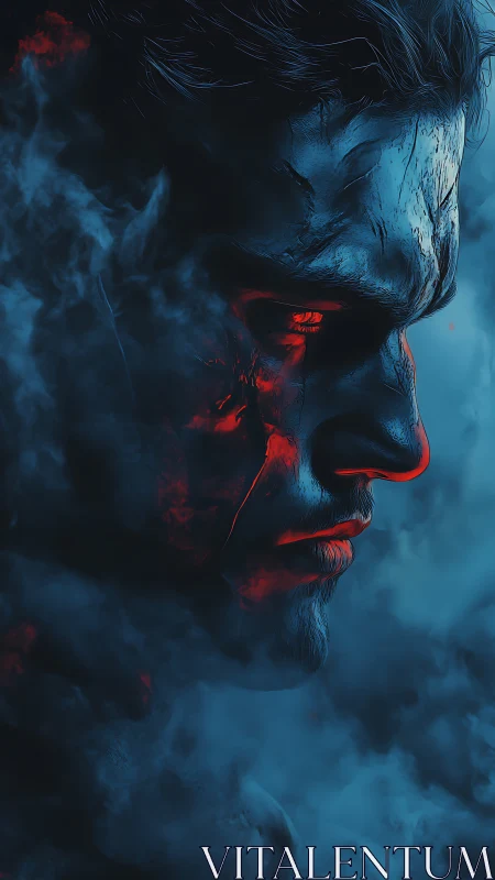 Bioluminescent warrior profile rendered in cyan-red chiaroscuro