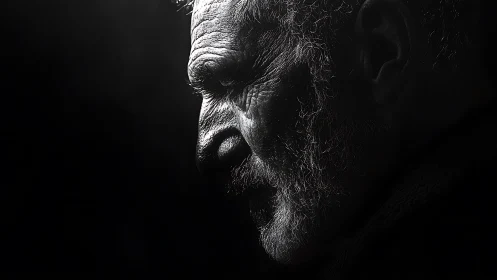 Weathered elderly profile emerges from deep monochrome shadow