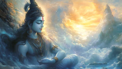 Meditating blue deity rests above luminous Himalayan clouds