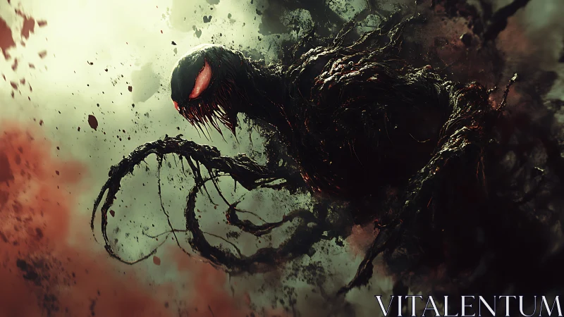 Nightmarish tendril creature emerges in swirling toxic mist.