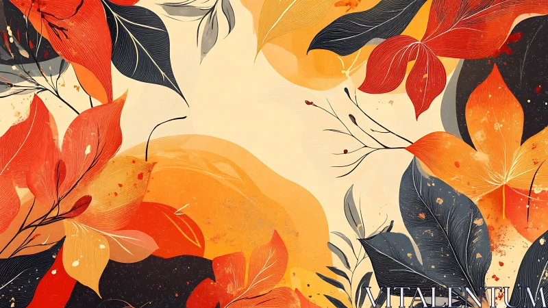 Autumn leaves whirl in painterly gold, ember, and midnight navy.