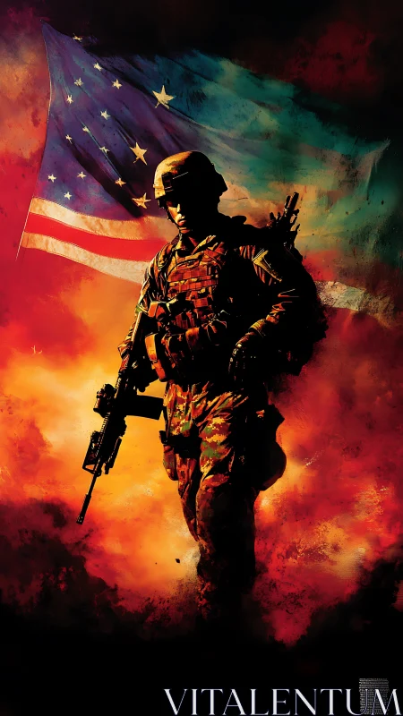 Lone soldier strides through fire beneath a storm torn flag.