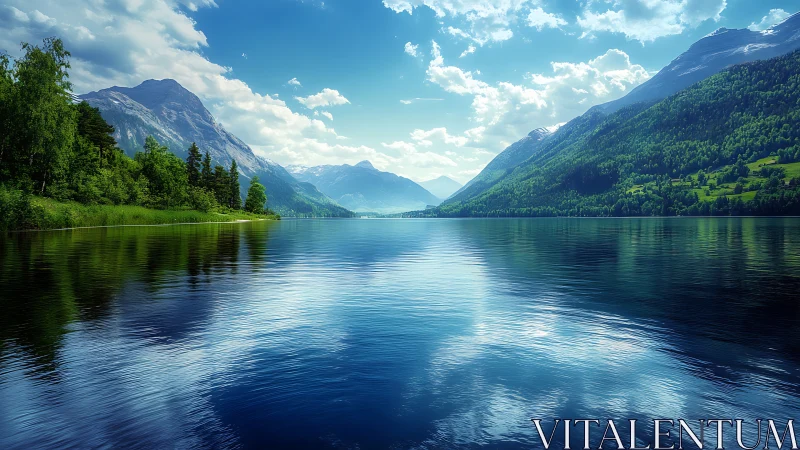 Digital painting of alpine lake with mirrored mountain ranges.