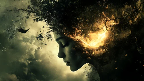 Mystic female profile merges with burning forest cosmos