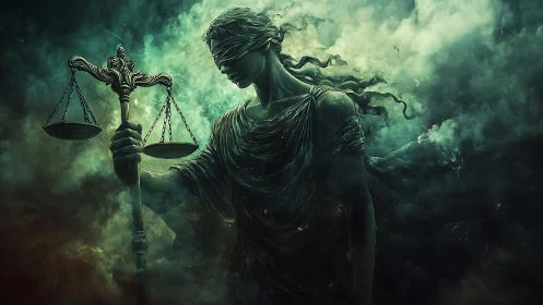 Stormborn Lady Justice guarding the scales of shadowed law.