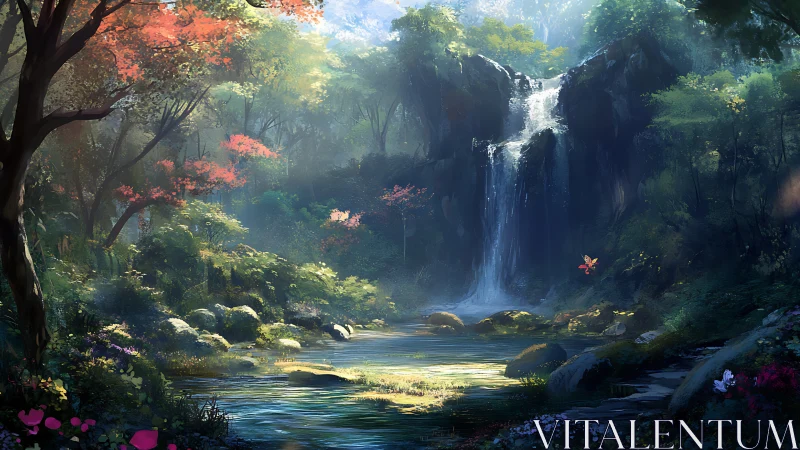 Tranquil forest waterfall amid luminous morning mist.