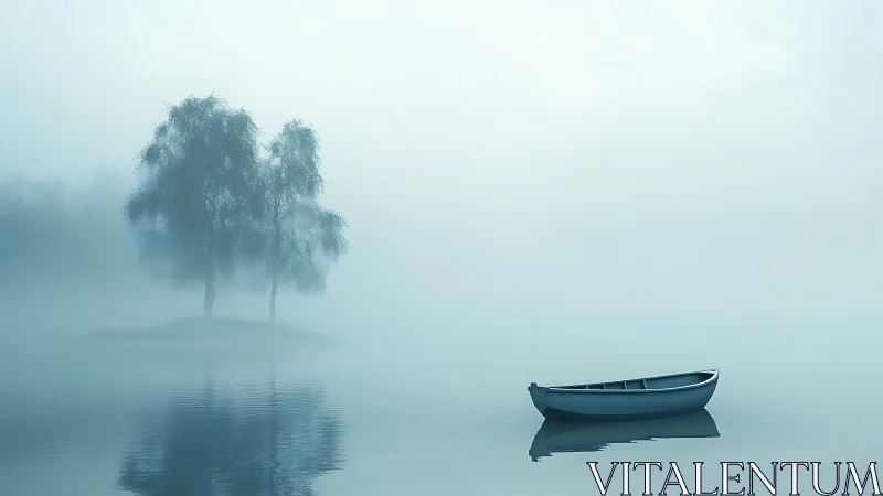 Lonely rowboat drifts toward whispering trees in pale fog
