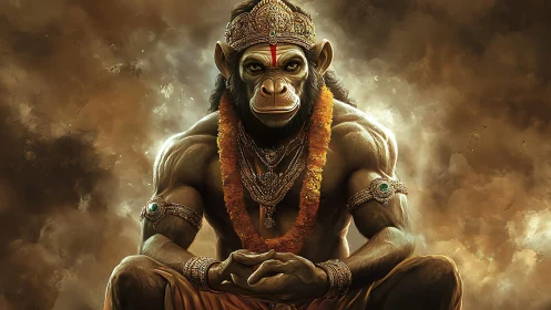 Muscular humanoid monkey deity sits in ornate golden attire