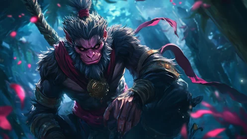 Armored simian warrior crouches in glowing jungle clearing