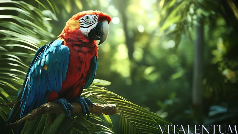 Scarlet macaw rendered with high-detail plumage in lush bokeh jungle