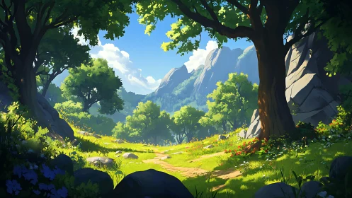 Digital landscape valley framed by large ancient trees