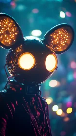 Neon mouse-helmeted DJ stands amid glowing city lights.