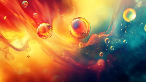 Luminous liquid orbs drift through fiery teal cosmos.