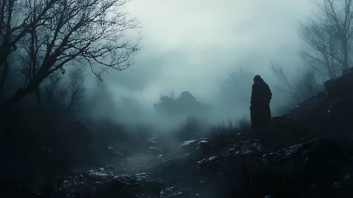 Lone wanderer haunts a mist-drowned, desolate forest path.