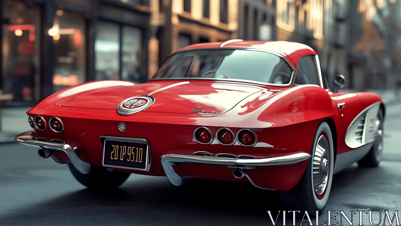 Red classic coupe is parked on a wet urban street