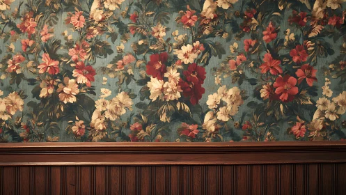 Vintage floral wallpaper meets classic dark wood paneling.