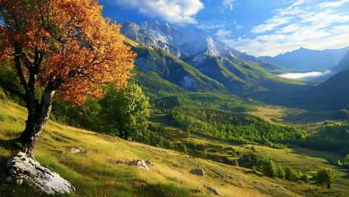 Golden hillside tree overlooking a sunlit mountain valley.