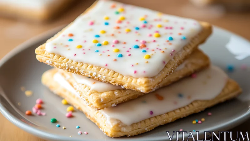 Frosted toaster pastries stacked with playful rainbow sprinkles.