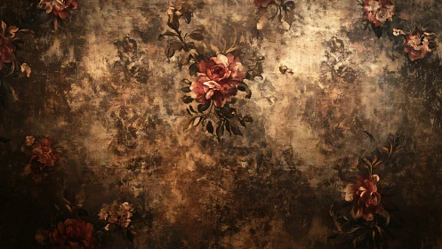 Timeworn floral tapestry glowing in antique ember light.